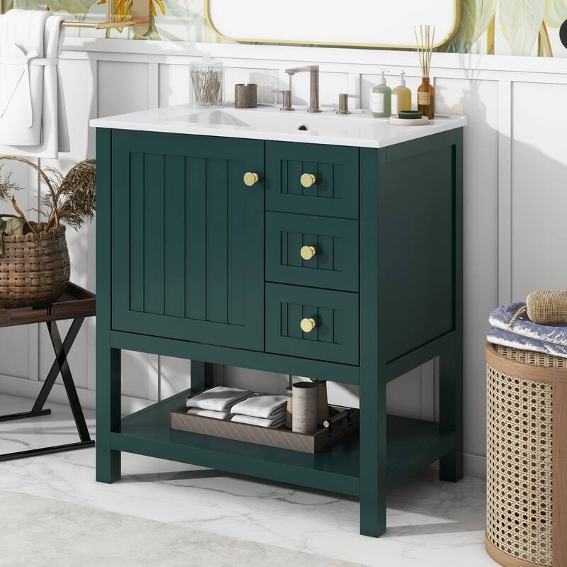 Transitional Bathroom Vanity Cabinet with Sink, 2 Drawers & 1 Door - Green