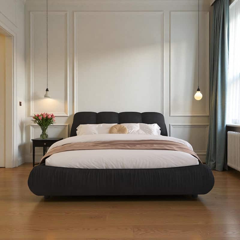 Queen/King Size Luxury Upholstered Platform Bed with Oversized Padded Headboard, Solid Wood Frame & Adjustable Mattress Height - Black - Queen