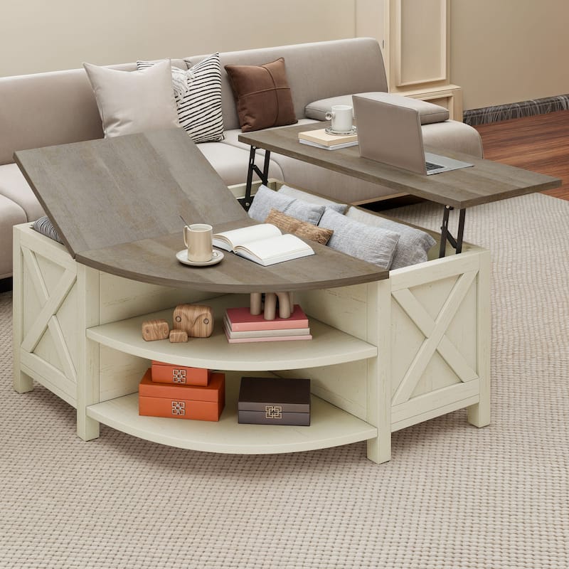 Moasis Farmhouse Lift Top Coffee Table with Hidden Storage and Shelves for Living Room