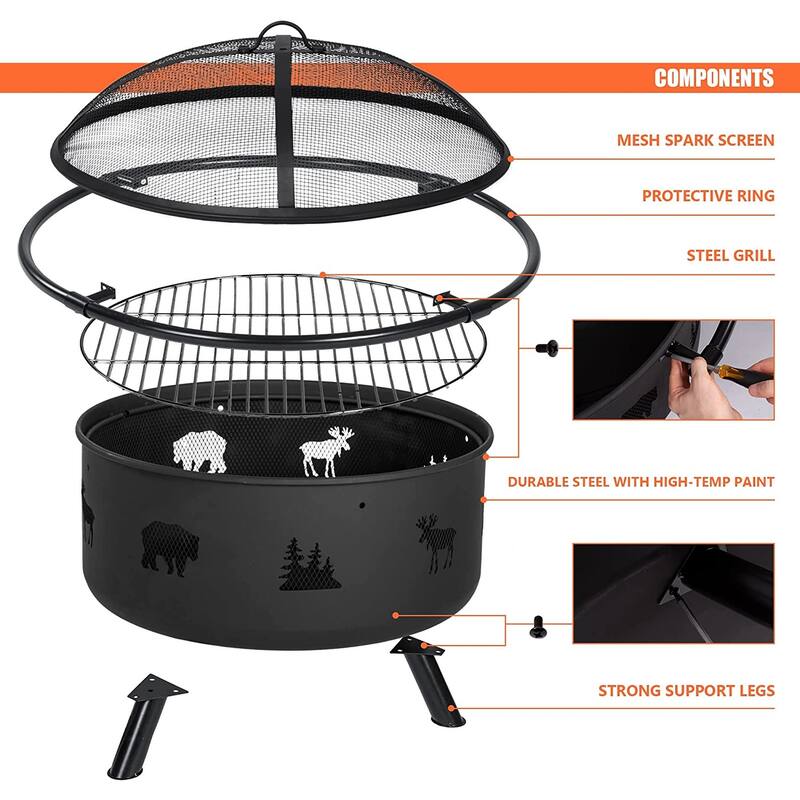 42 inches Outdoor Fire Pit with Spark Screen and Log Poker