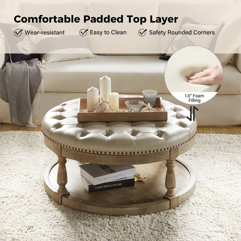 Dulcie Traditional Cocktail Vegan Leather Ottoman with Solid Wood Legs by HULALA HOME