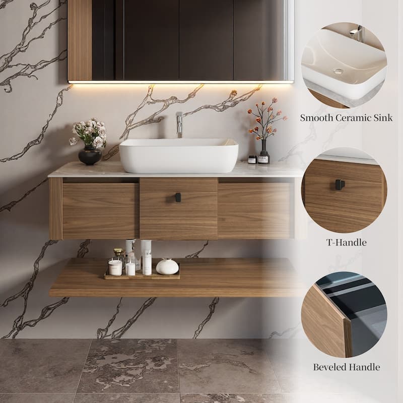 48"Mid Century Modern Wall-Mounted Bathroom Vanities,Single Sink,Brown Wood Texture with Sintered Stone Table top