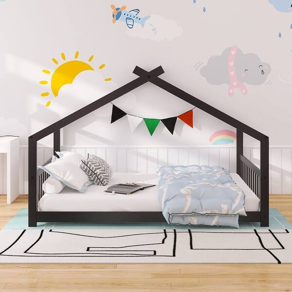slide 2 of 10, Full Size Playhouse Design House Bed Wood Bed,Solid Construction For Bedroom Espresso