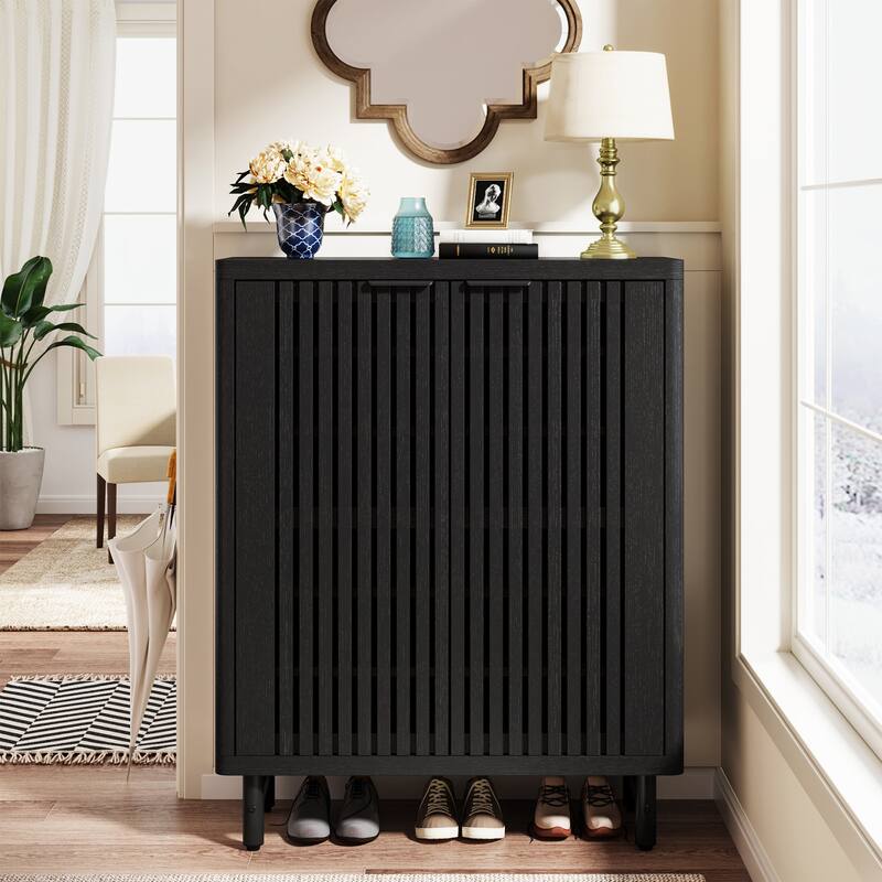 Wooden Shoe Cabinet with Shutter Doors, Adjustable Shelves Large Hidden Storage Organizer Rack for Entryway Hallway