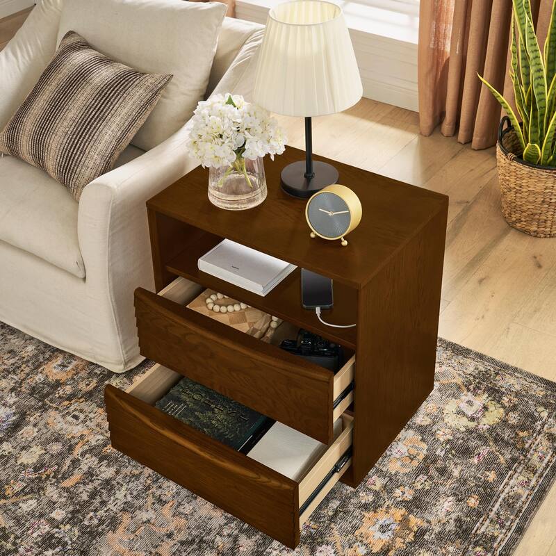 Mid Century Nightstand with Charging Station & 2 Drawers