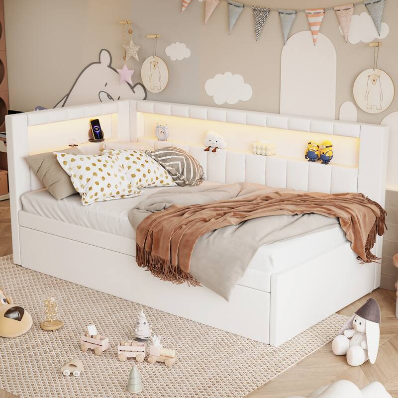 L-Shaped Daybed Linen Upholstered Corner Sofa Bed Built-in USB Ports and LED Belt Platform Bed with Optional Trundle or 2 Drawer