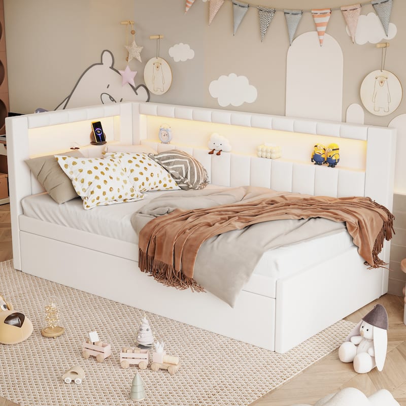 Twin Size Upholstered Platform Bed with USB Ports, LED Lighting, and Trundle, White