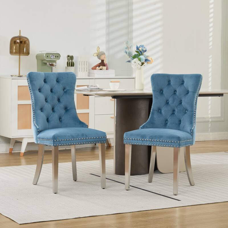 Velvet Dining Chairs Set of 2, Button Tufted Upholstered Dining Chair, Kitchen Chairs with Nailhead Trim & Stainless Steel Legs