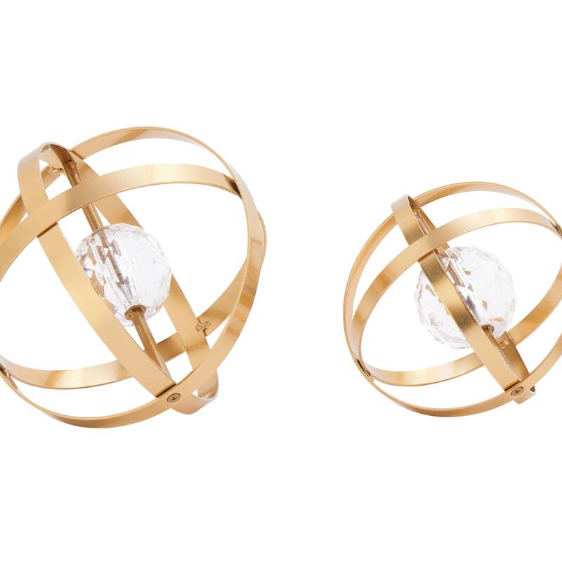 Metal Geometric Orb Decorative Sculpture with Acrylic Center - Set of 3 Gold or Silver - Roche River Decor