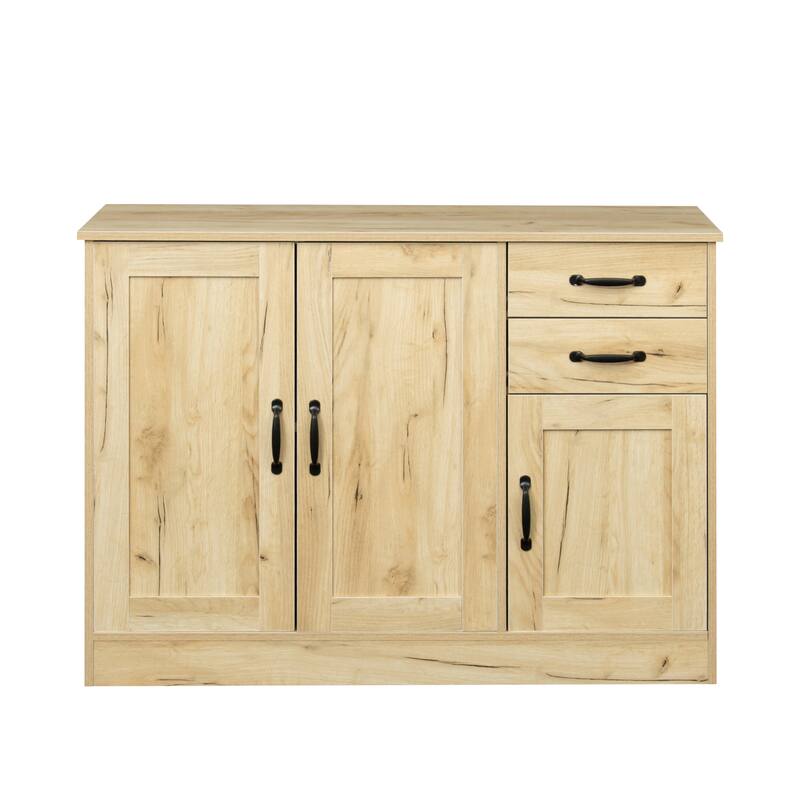 Roomfitters 43" Modern Buffet Sideboard, Oak Wood Storage Cabinet with Drawers and Doors for Dining Room or Entryway