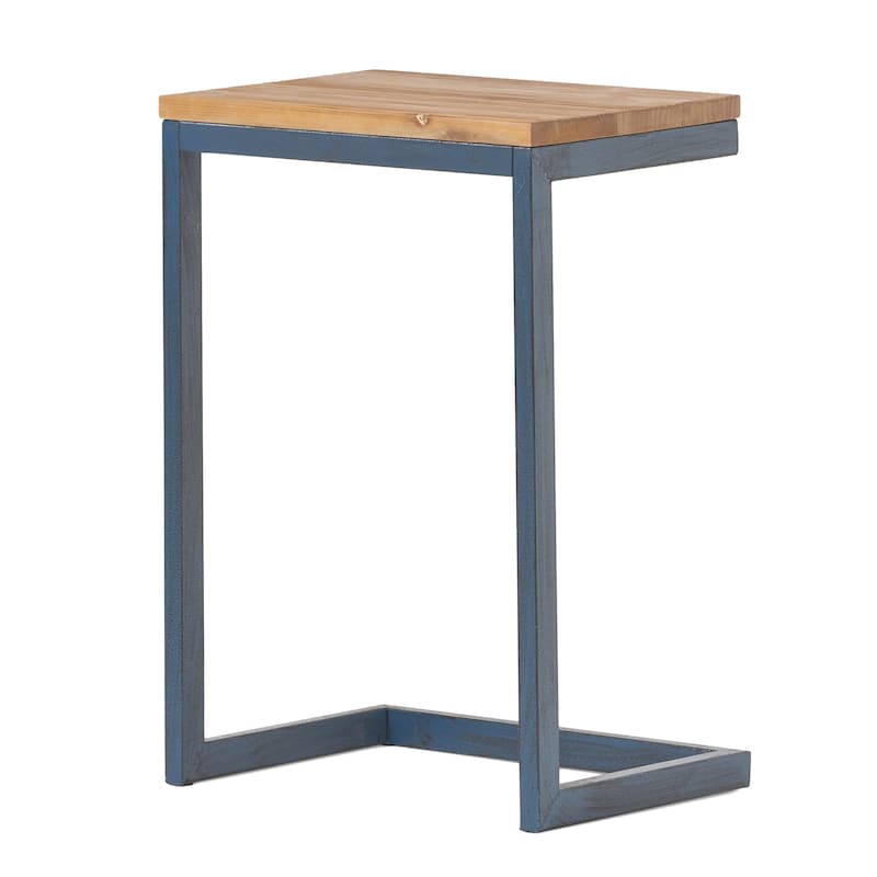 Roomfitters C-Shaped Side Table, Industrial End Table with Natural Wood Top and Blue Metal Frame for Sofa or Bedside, Natural
