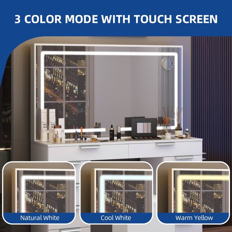 Moasis Black 10-Drawer Cosmetic Vanity Desk Set with Glass Tabletop Makeup Vanity with LED Strip