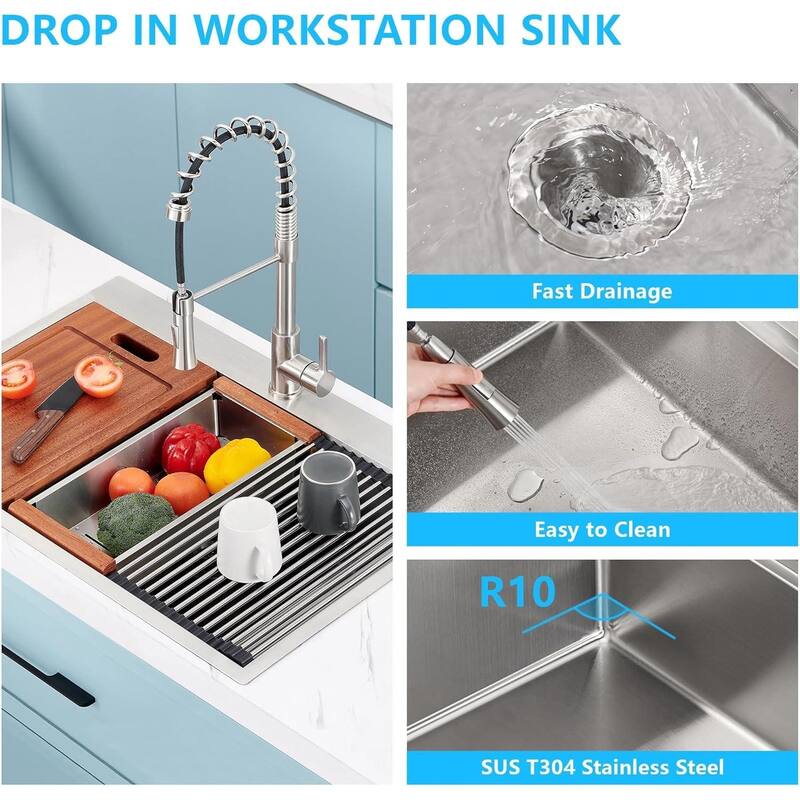 33x22 Drop In Stainless Steel Workstation Sink, 33 Inch 18-Gauge Stainless Steel Drop-In Kitchen Sink