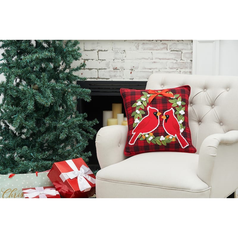 Christmas Cardinal Plaid Wreath Pillow