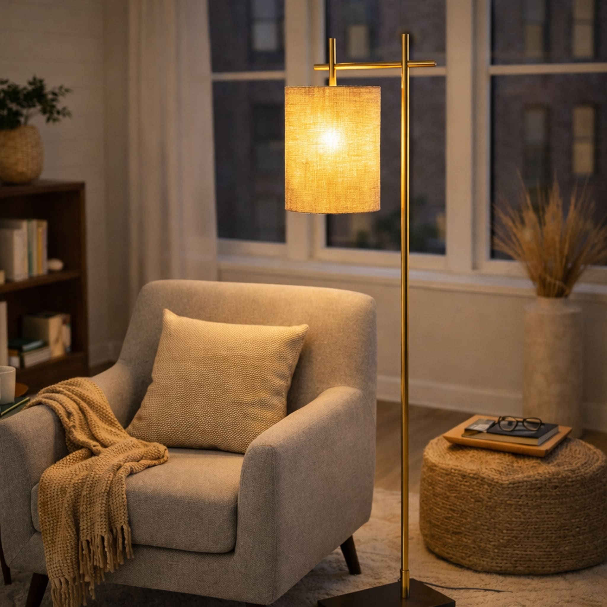 Gattie Brass Floor Lamp with Rattan Shade and Rectangular Base