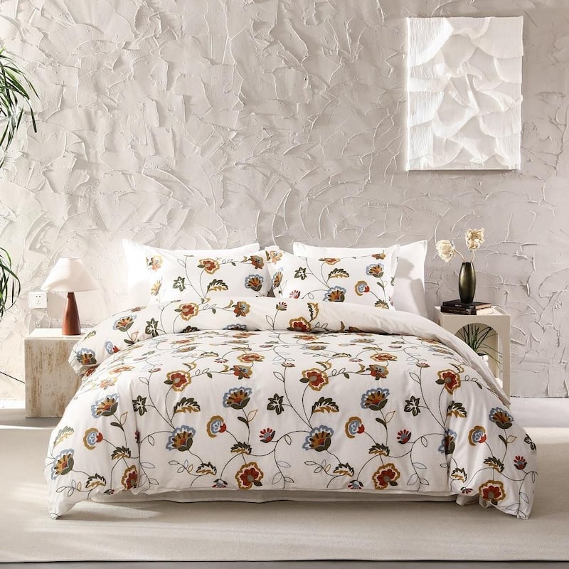 Crewel Embroidered Slub Cotton Floral Duvet Cover 3pcs Set - King