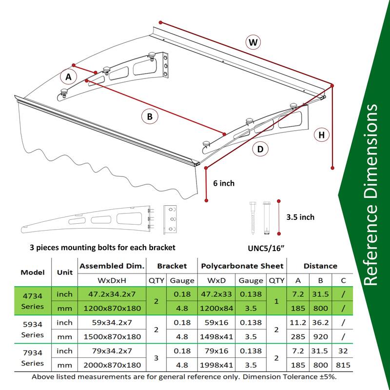 Series Door Window Awning Canopy Made of 0.137"Thick Crystal Solid Polycarbonate Sheet and Aluminum Alloy with Valance