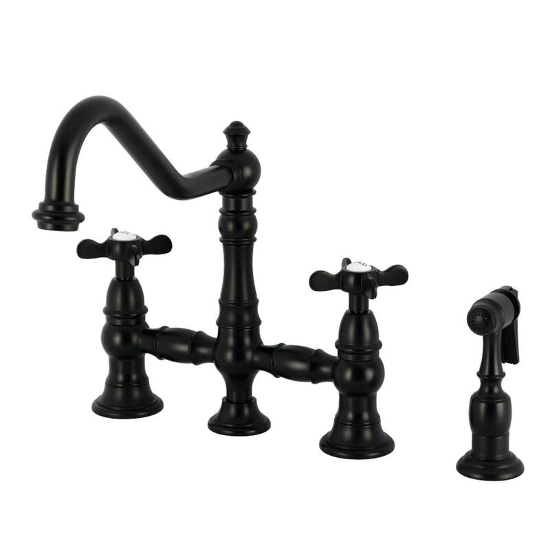 Kingston Brass Essex Two-Handle 4-Hole Deck Mount Bridge Kitchen Faucet with Brass Side Sprayer - Matte Black