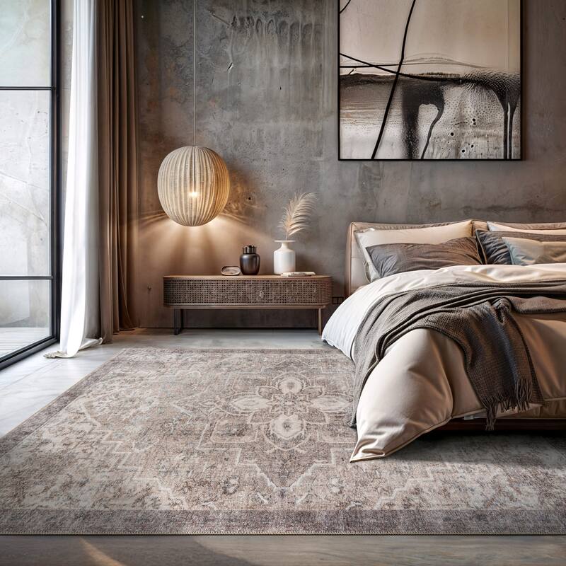 Beige Floral Medallion Washable Rug - Low Pile, Non-Slip
