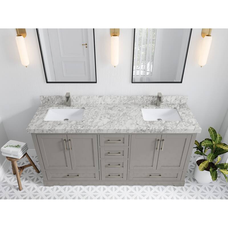 Willow Collection 72 in W x 22 in D x 36 in H Boston Double Bowl Sink Bathroom Vanity with Countertop - 2"Carrara Marble - Elephant Skin Gray