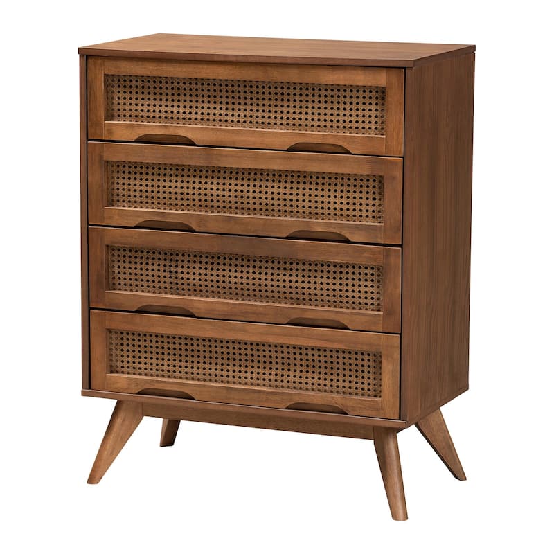 Asami Mid-Century Modern Walnut Brown Finished Wood and Woven Rattan 3-Piece/4-Piece/5-Piece Bedroom Set (Multiple Bed Sizes)