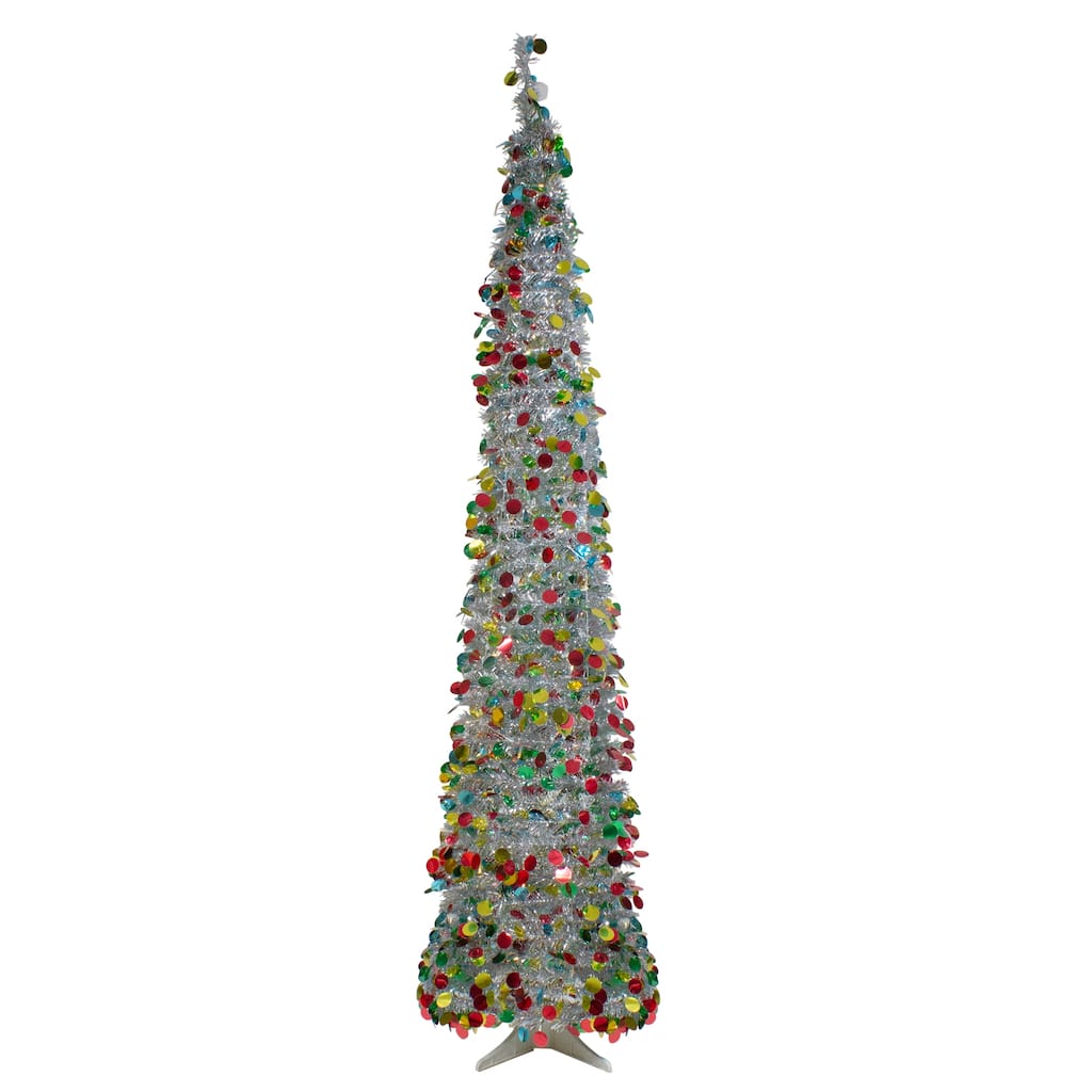 6' Silver Tinsel Pop-Up Artificial Christmas Tree - Warm White LED - 6 Foot