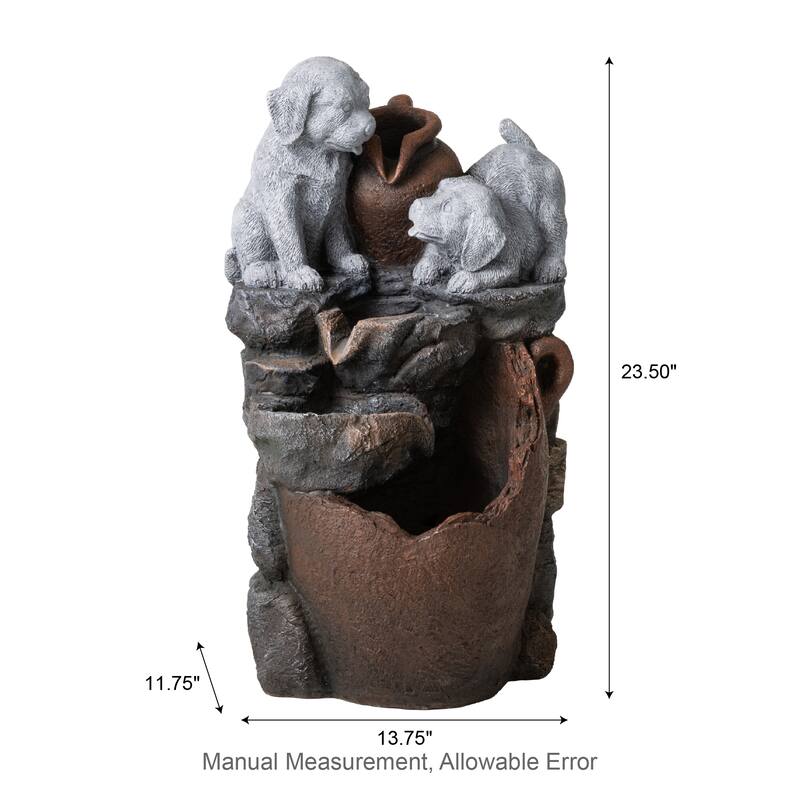 Glitzhome 4-Tiered Dogs or Elephant and Pot Polyresin Outdoor Fountain with Pump and LED Light