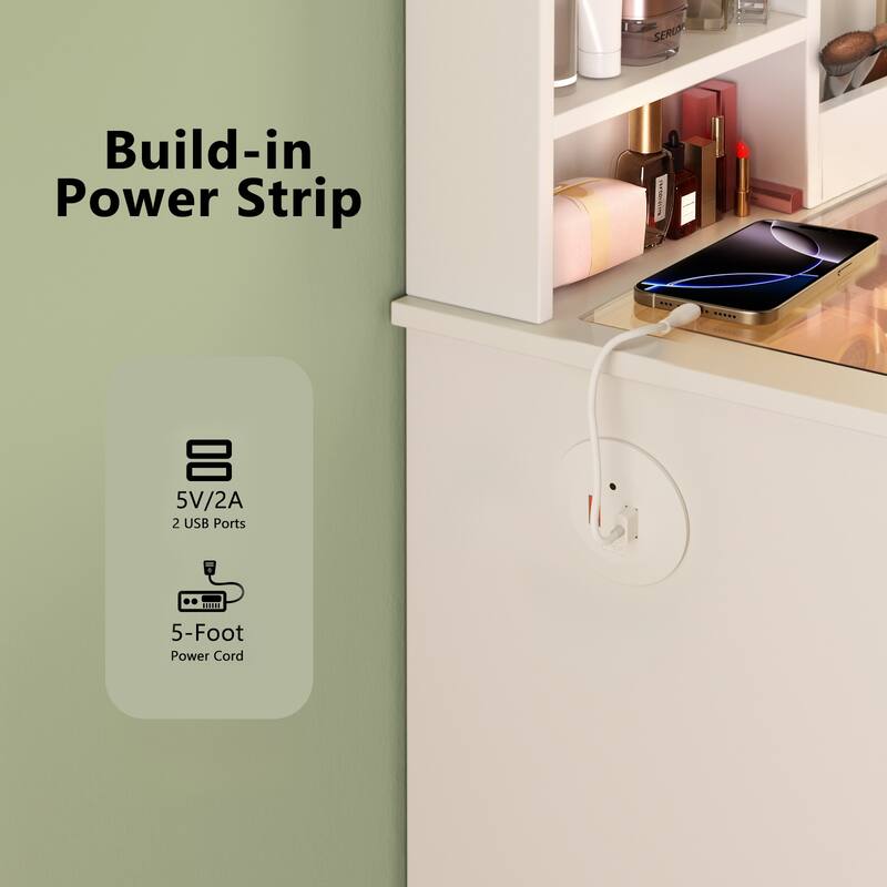 LED Makeup Vanity Table Set with Mirror and Storage Stool, Transparent Glass Top Dressing Table with USB Ports, White