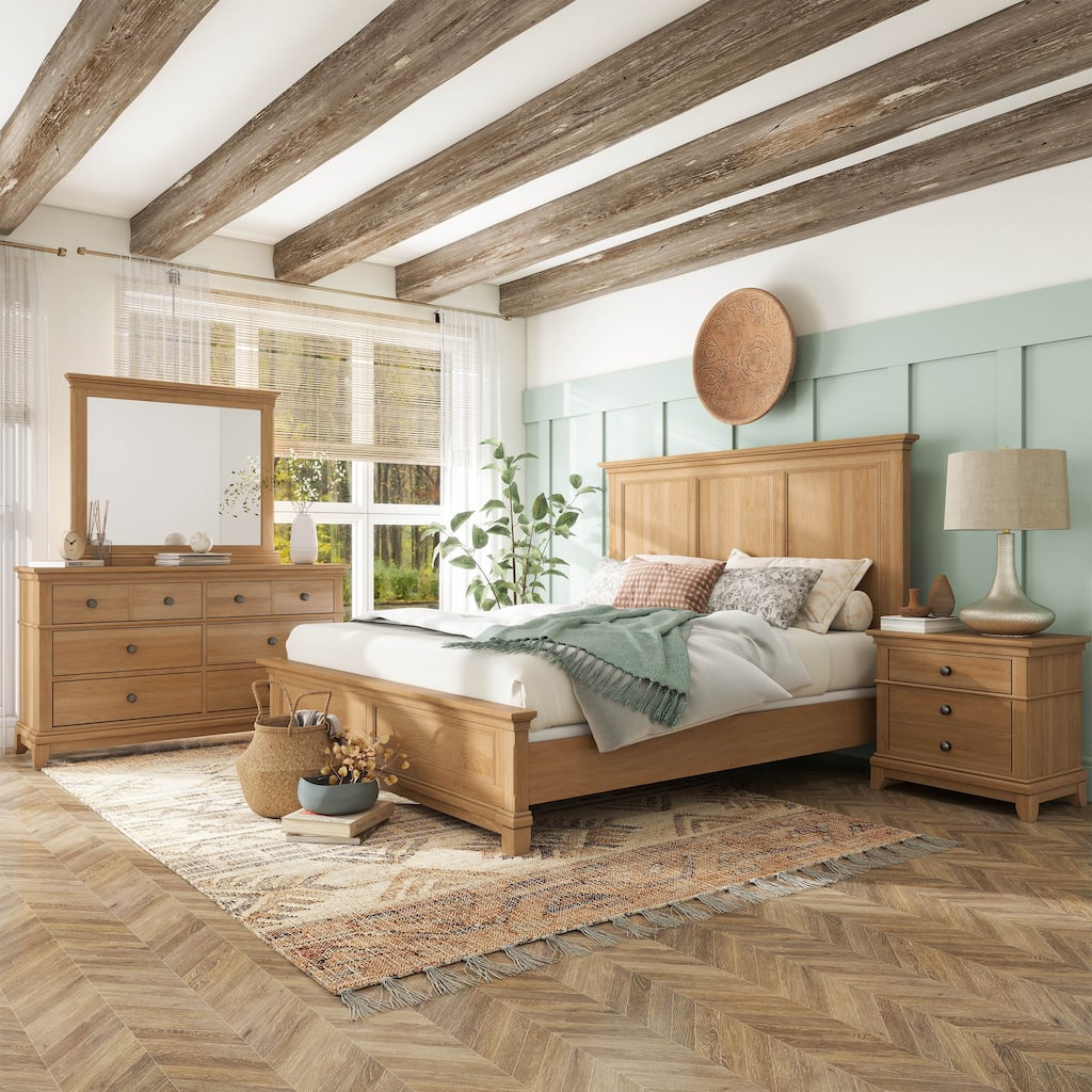 Furniture of America Wellington Farmhouse 4-Piece Natural Oak Wood Panel Bedroom Set