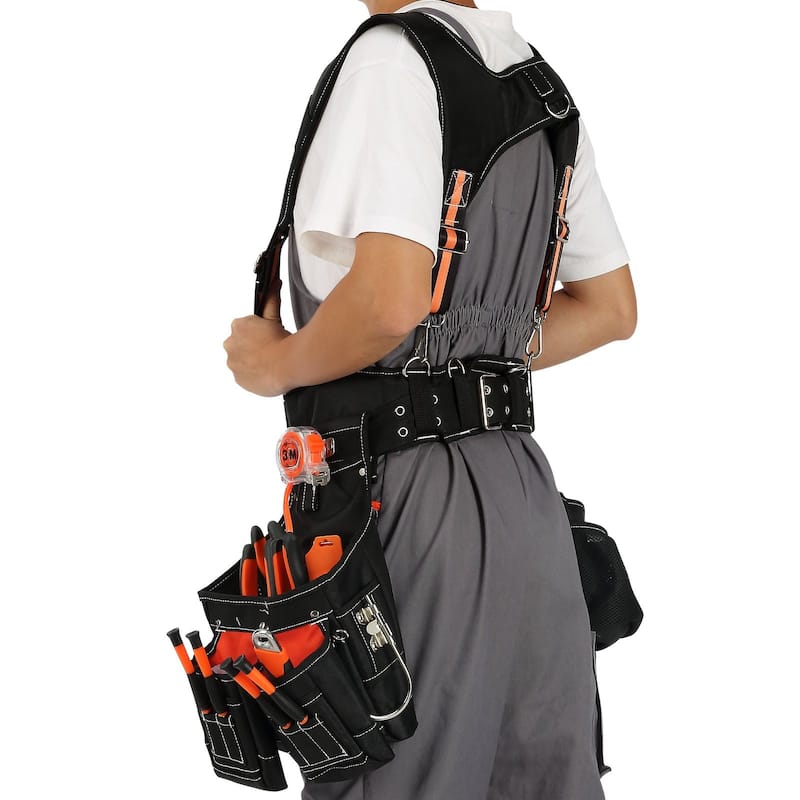 Black Polyester Adjustable Waist Strap Tool Belt with 29 Pockets Ideal for Men - 12.99 x 11.02 inches