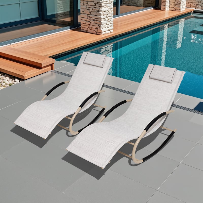 Outdoor Patio Rocking Chairs Curved Rocker Chaise Lounge Chairs (Set of 2) - 57.87" L x 24.70" W x 35.43" H - White&Gray&Blue Mixed