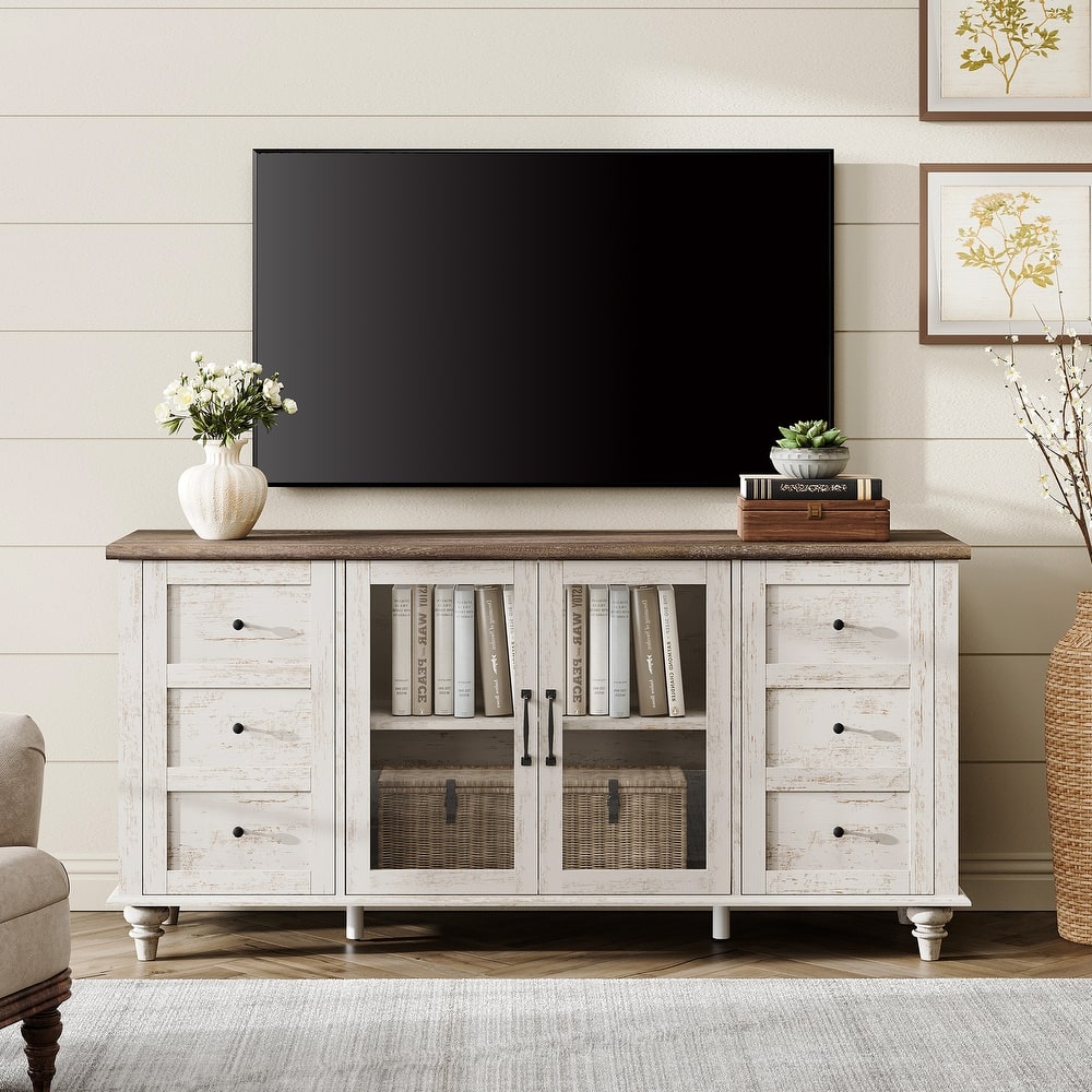 Farmhouse TV Stand for 65 Inch TV, Wood Console Table with Glass Door