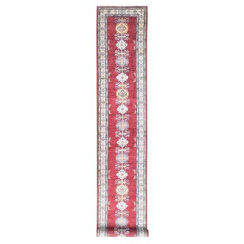 Shahbanu Rugs Terracotta Red Super Kazak Tribal Design One of a Pair Pure Wool Hand Knotted XL Runner Oriental Rug (2'9"x19'1")