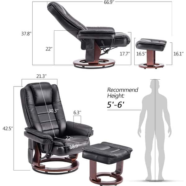 dimension image slide 4 of 6, MCombo Set of 2 Swivel Recliner with Ottoman, Vibration Massage Lumbar Pillow