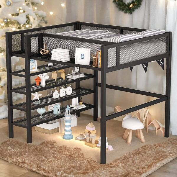 slide 2 of 18, Artsy Full Size Metal Loft Bed with 4-Tier Shelves and Storage, Black Black
