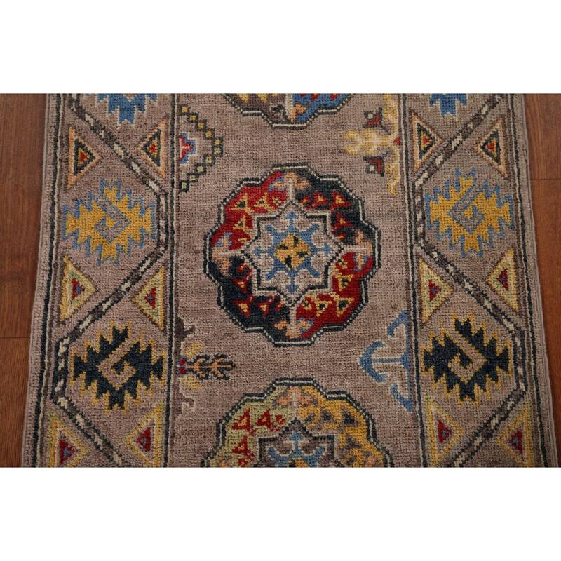 Geometric Brown Kazak Oriental Runner Rug Hand-Knotted Wool Carpet - 1'11" x 5'11"