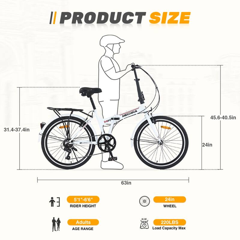 24" Folding City Bike, Shimano 7 Speed Road Cycling Bicycle with Dual V-Brake, Steel Frame for Teens, 16 Years and Up