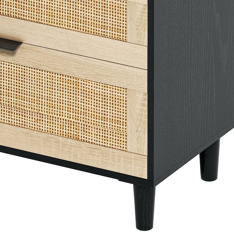 6 Drawers Rattan Dresser, Wooden Storage Wardrobe Dresser, Floor Standing Storage Cabinet with Metal Handle & Wood Legs