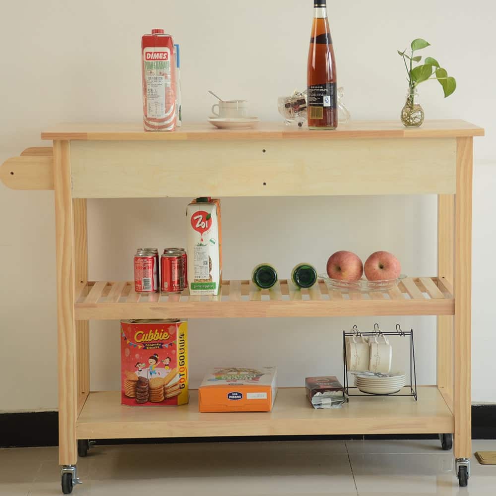 Simple Design Kitchen Cart with Two Lockable Wheels, Rubber Wood Top