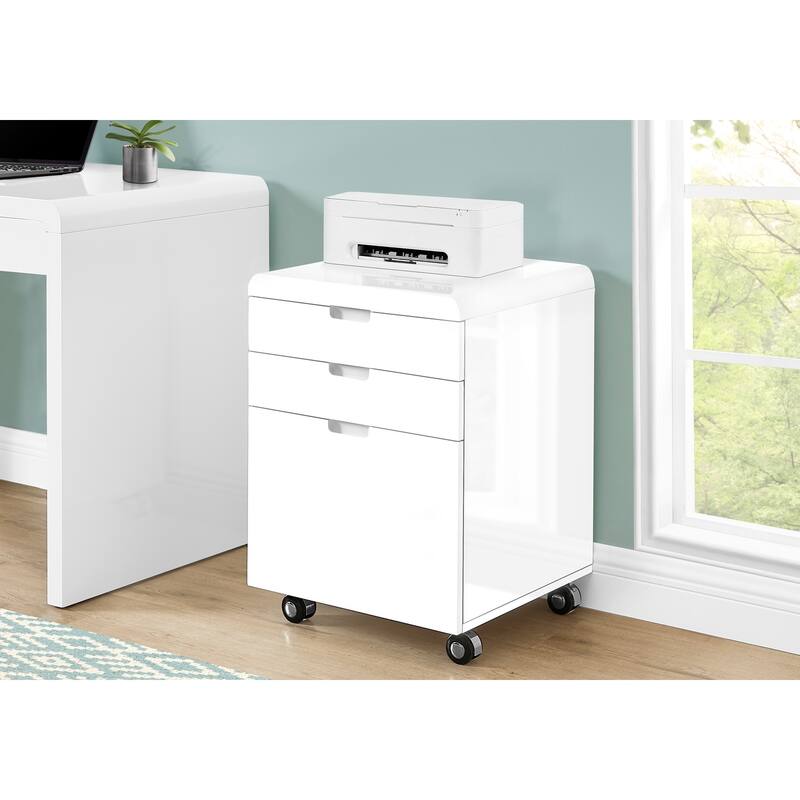 File Cabinet, Rolling Mobile, Storage Drawers, Printer Stand, Office, Work, Glossy White Laminate, Contemporary, Modern - White