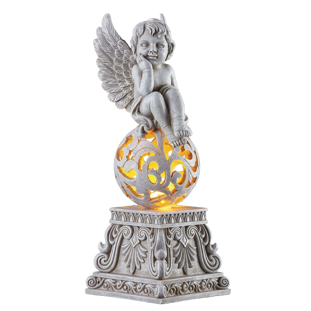 Enchanting Sitting Cherub on Solar Powered Ball Garden Sculpture - 3.87 x 10.75 x 4.37