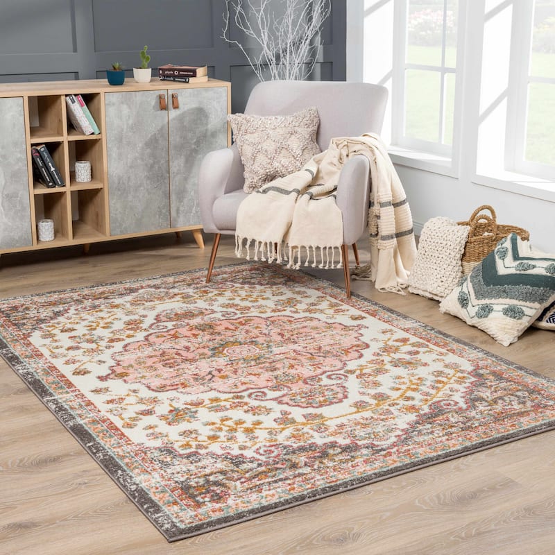 Hauteloom Oark Living Room, Bedroom Area Rug - Brick Red, Camel, Charcoal - 5'2" x 7' - 6'7" x 9' - Brick Red, Camel, Charcoal / Oark