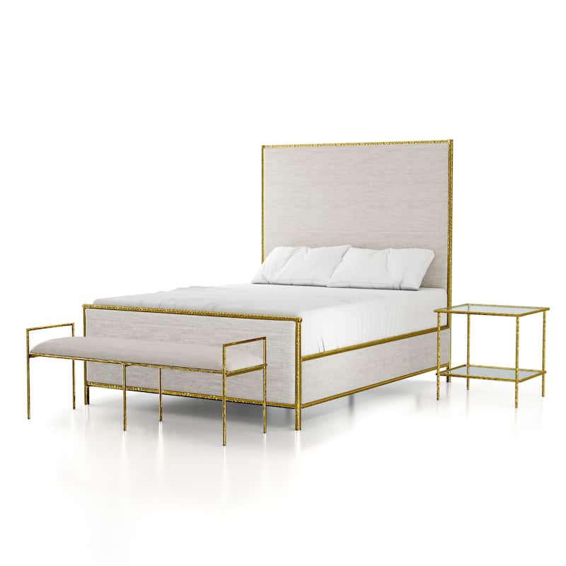 Furniture of America Zayen Modern 3-Piece Upholstered Queen Size Hammered Metal Platform Bedroom Set with Nightstand and Bench - Gold