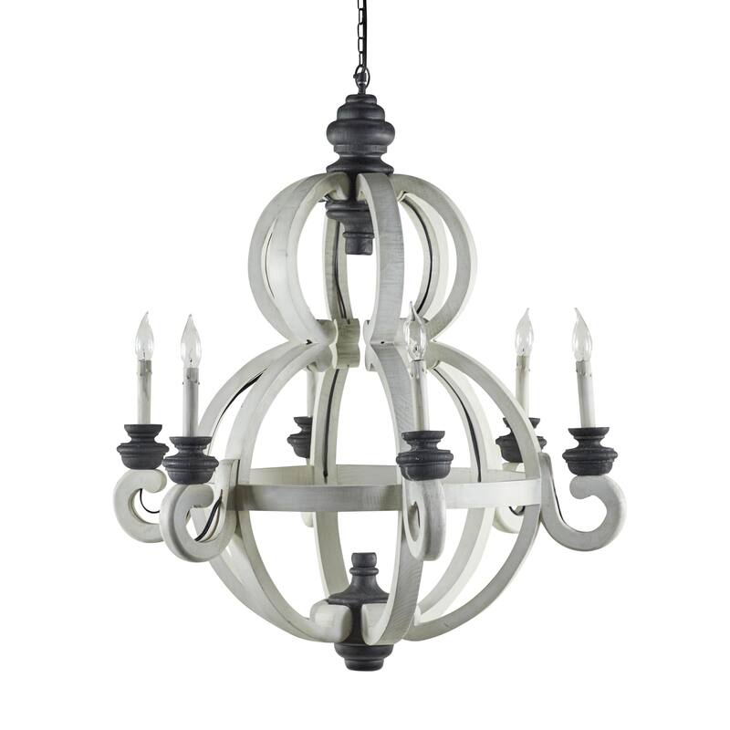 Wood Caged Style 6 Light Chandelier with Link Style Chain - White - Roche River Decor - 33"W x 33"L x 36"H