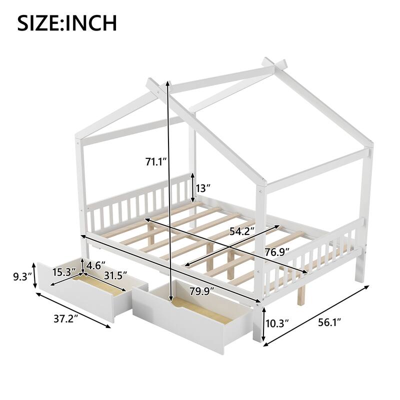Roomfitters Full Size House Platform Bed with Two Storage Drawers, Headboard, Footboard and Roof Design, White