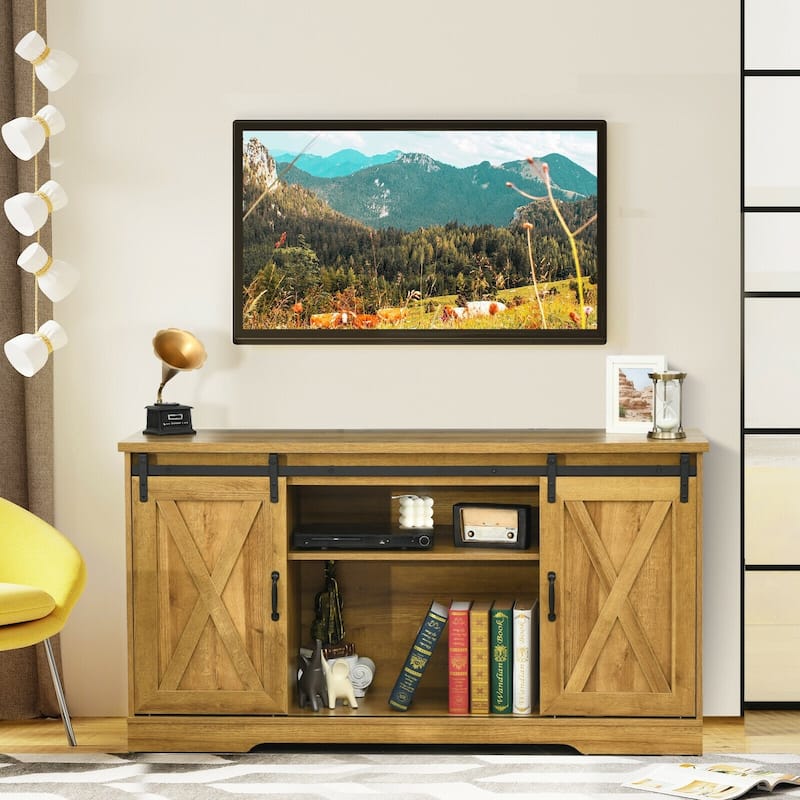 59" TV Stand with Adjustable Shelf and Sliding Barn Door Cabinet - 59" x 16" x 32" (L x W x H)