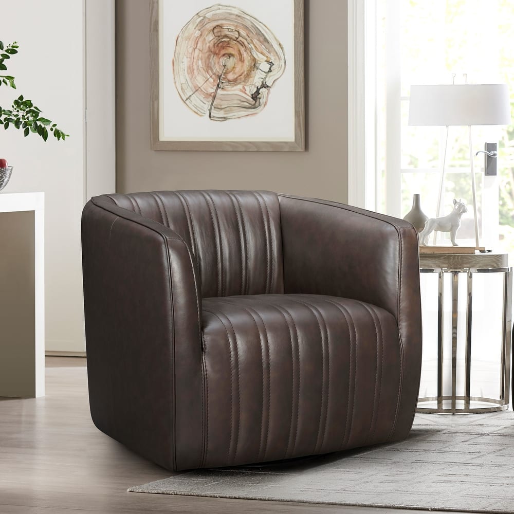 Aries Leather Upholstered Swivel Barrel Chair Living Room Arm Chair