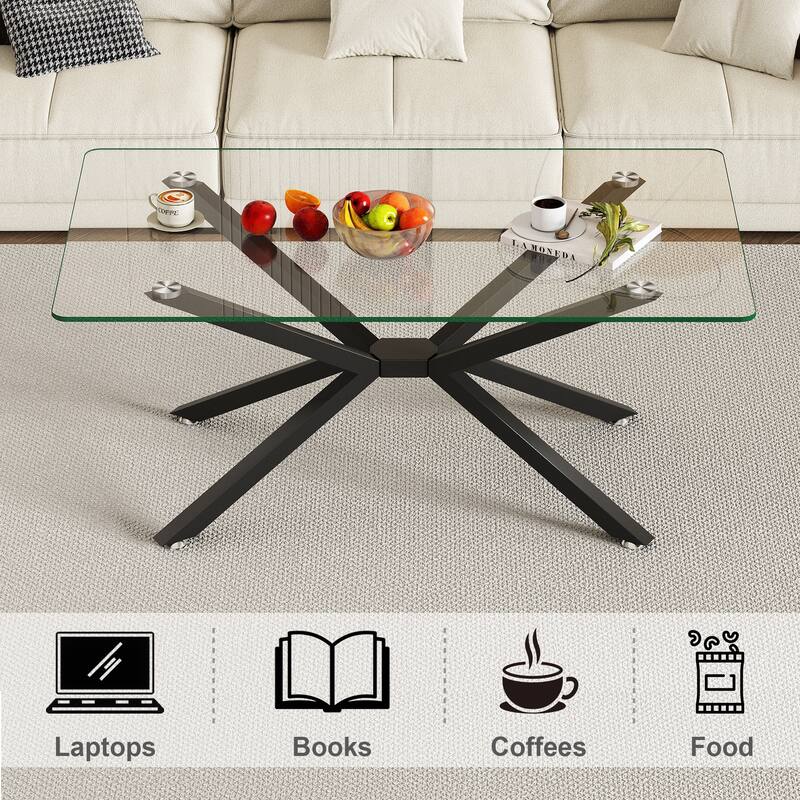 39.37" Rectangular Clear Tempered Glass Coffee Table,Stylish Design with Black Metal Legs, Coffee Table for Living Room