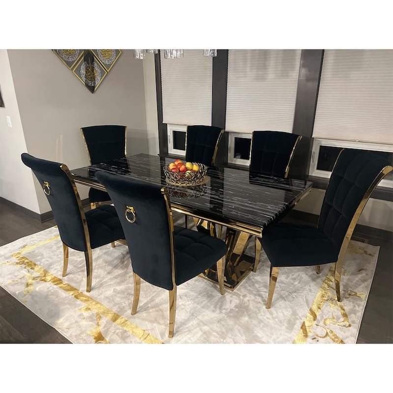 Black Velvet Dining Chairs with Pull Ring on Back and Metal Legs
