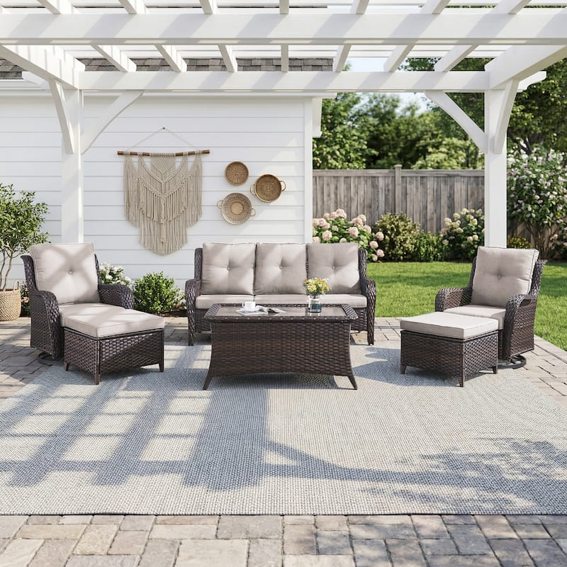 Pocassy Outdoor 6 Pieces 3-Seat Sofa Swivel Chairs Table Ottoman - Brown Wicker - Beige cushion